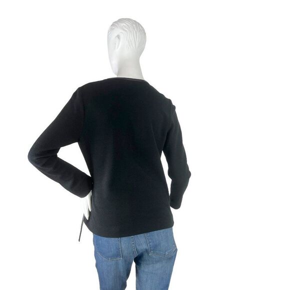 Douglas Hannant Black Merino Wool Crepe Wrap Around Tie Top Leather Trim Size 4 - Picture 4 of 9